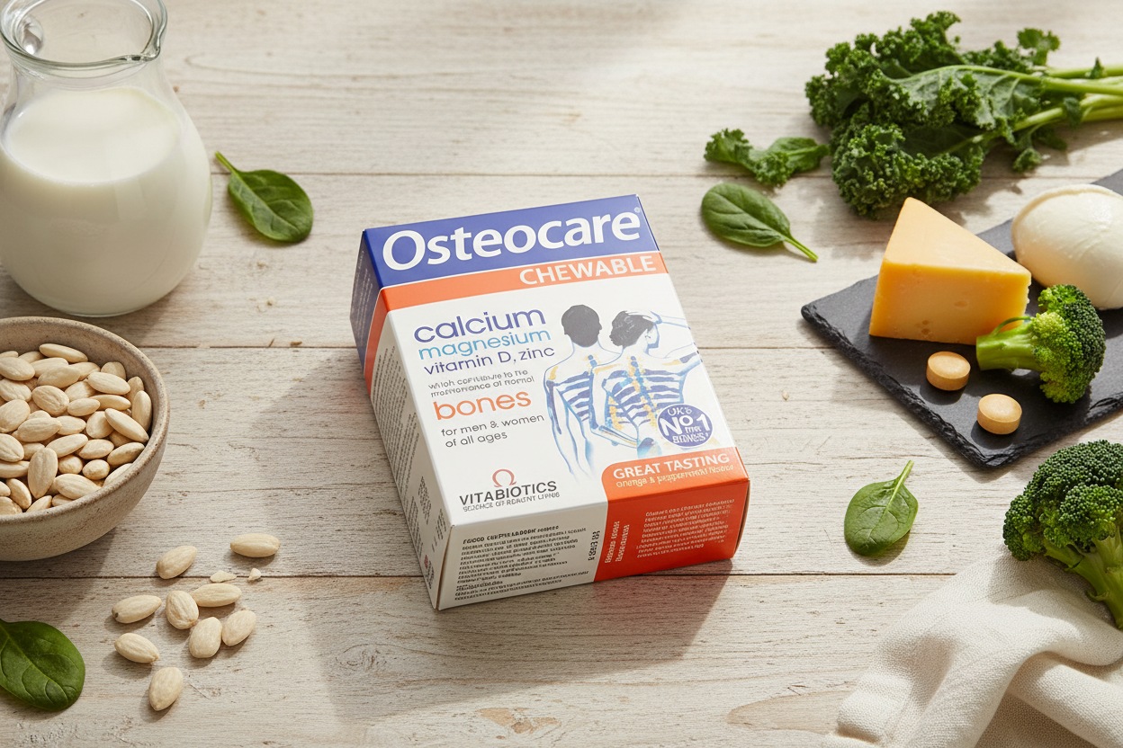 Osteocare Chewable Tablets lifestyle flat lay with calcium-rich foods