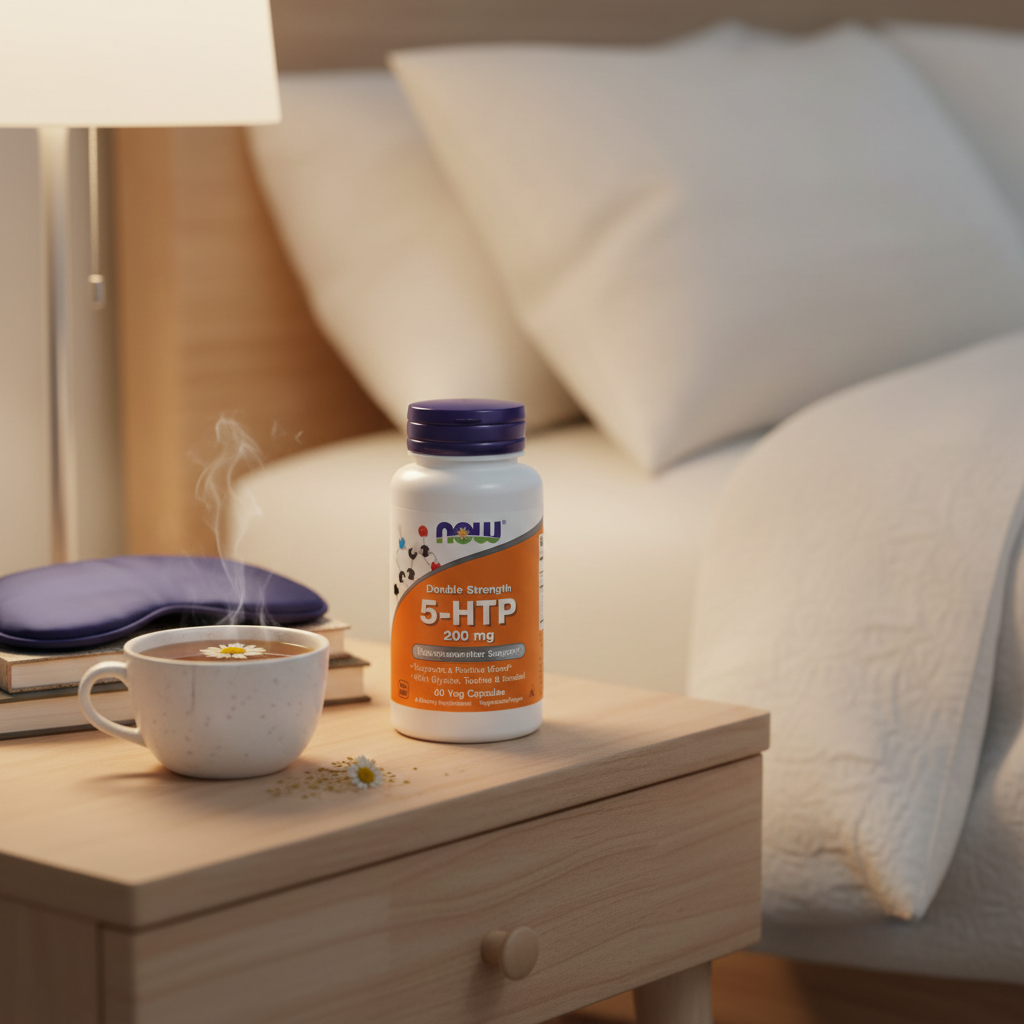 NOW 5-HTP 200mg bedside lifestyle shot conveying restful sleep