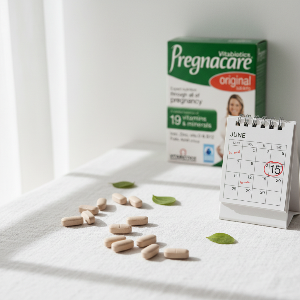 Pregnacare Caps with calendar prenatal vitamins concept
