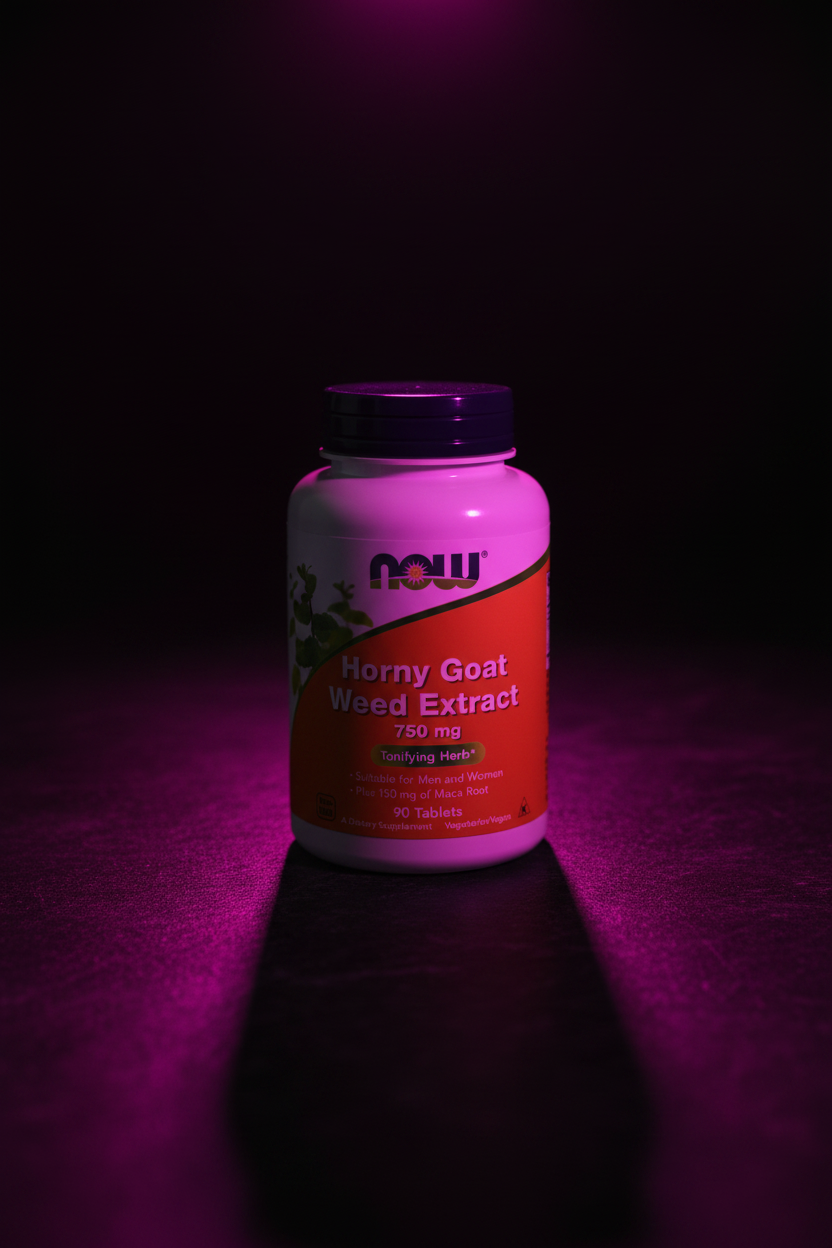 NOW Horny Goat Weed Extract 750mg premium supplement bottle dark editorial