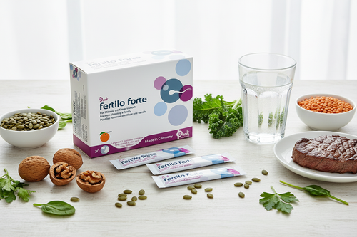 Fertilo Forte Denk Sticks lifestyle flat lay with men's fertility foods