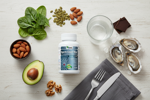 AMS Sperm Count Max lifestyle flat lay with fertility-boosting foods