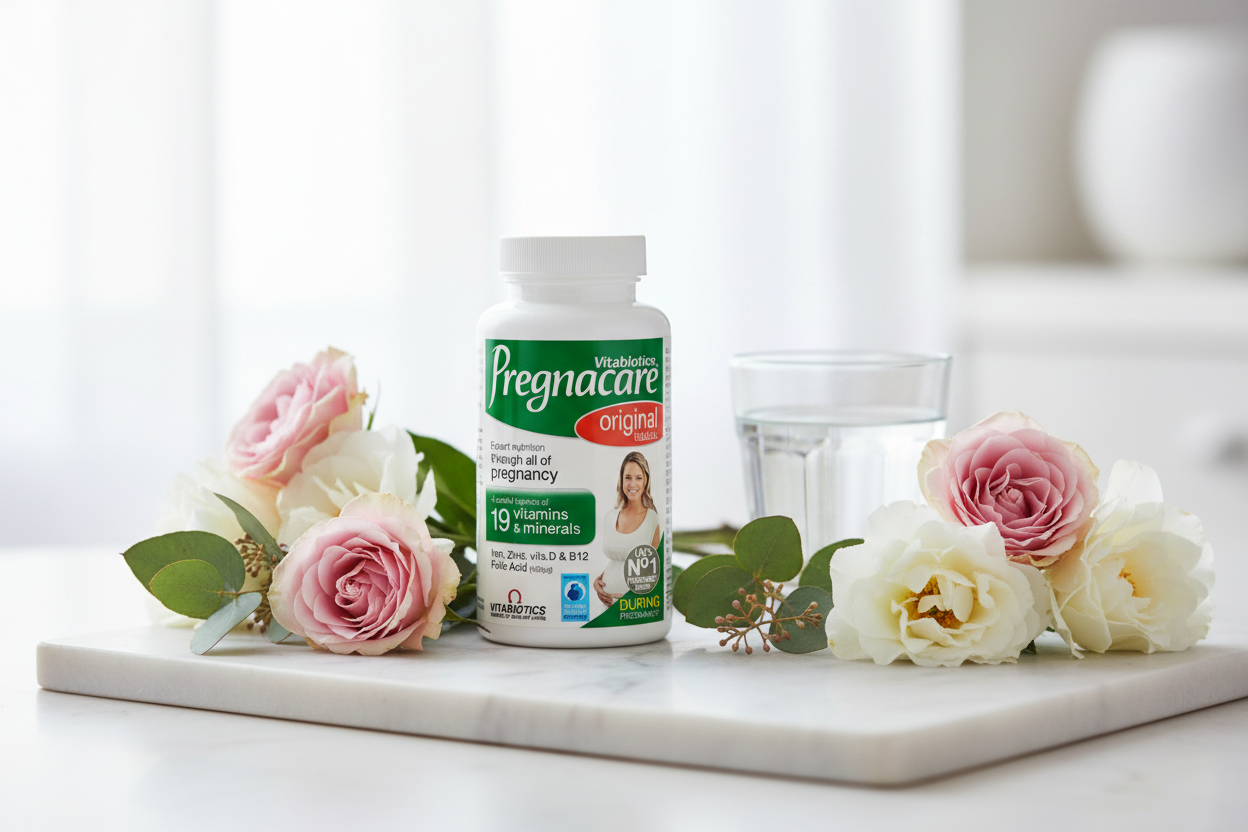 Pregnacare Caps on marble surface with flowers lifestyle shot