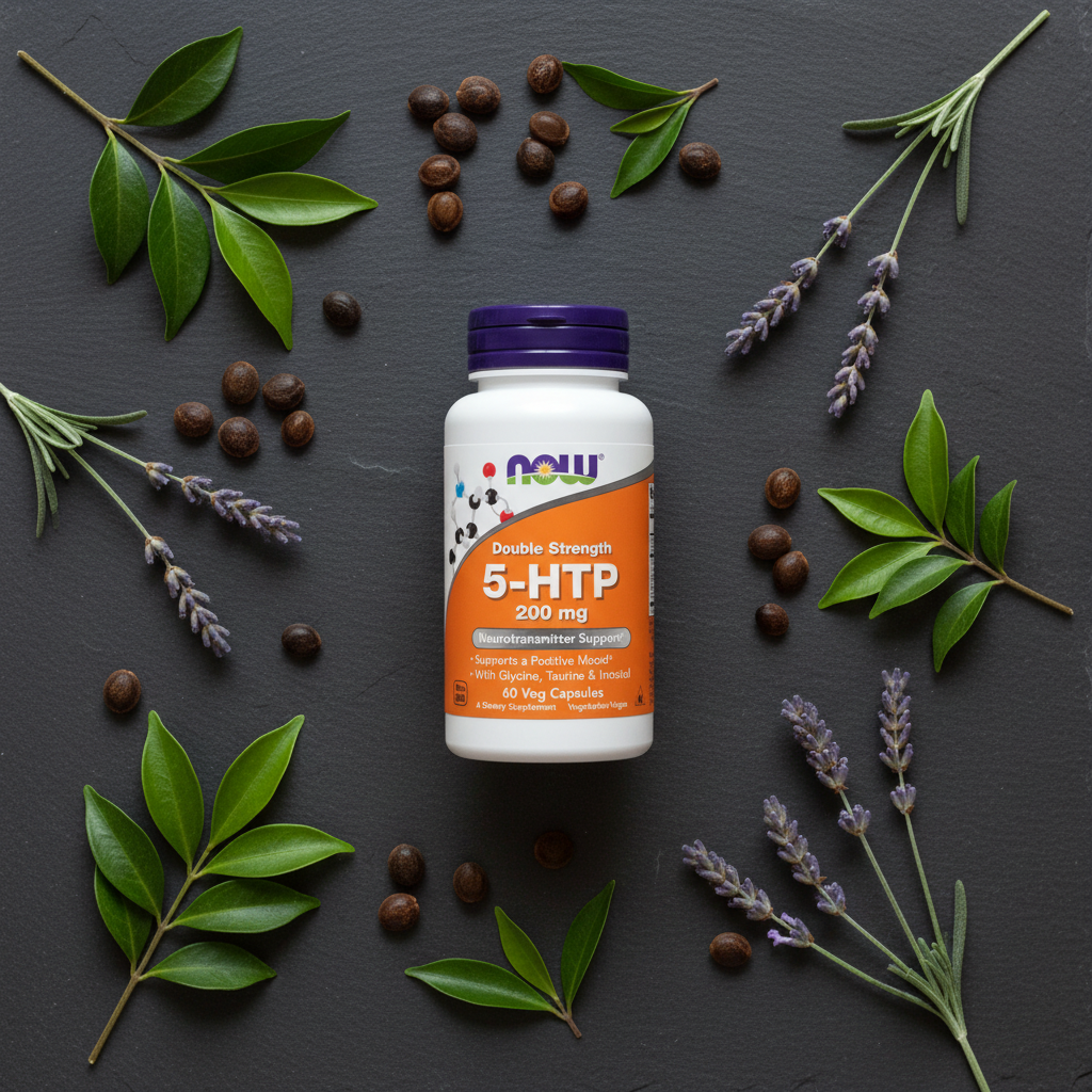 NOW 5-HTP 200mg flat lay with griffonia seeds and botanicals on dark slate