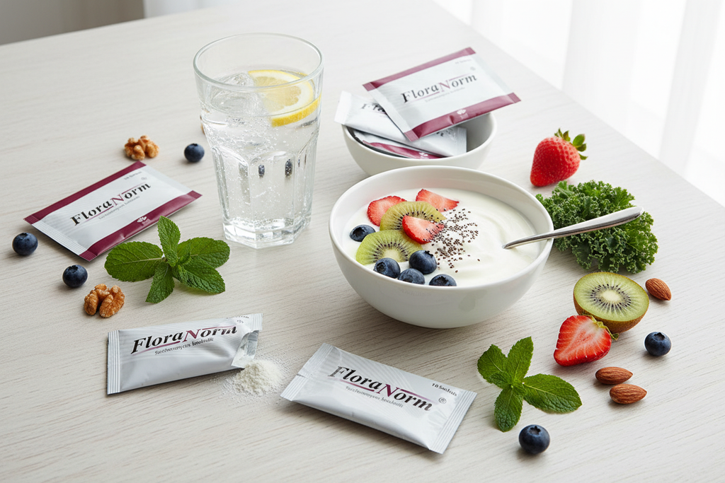 Floranorm Sachets lifestyle flat lay with gut health props