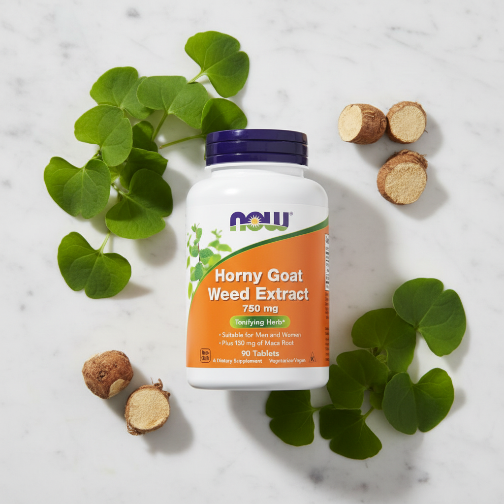 NOW Horny Goat Weed Extract 750mg with Epimedium leaves and Maca root flat lay