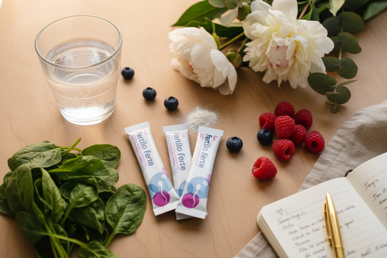 Fertilo Forte Denk Sticks lifestyle flat lay with fertility wellness props