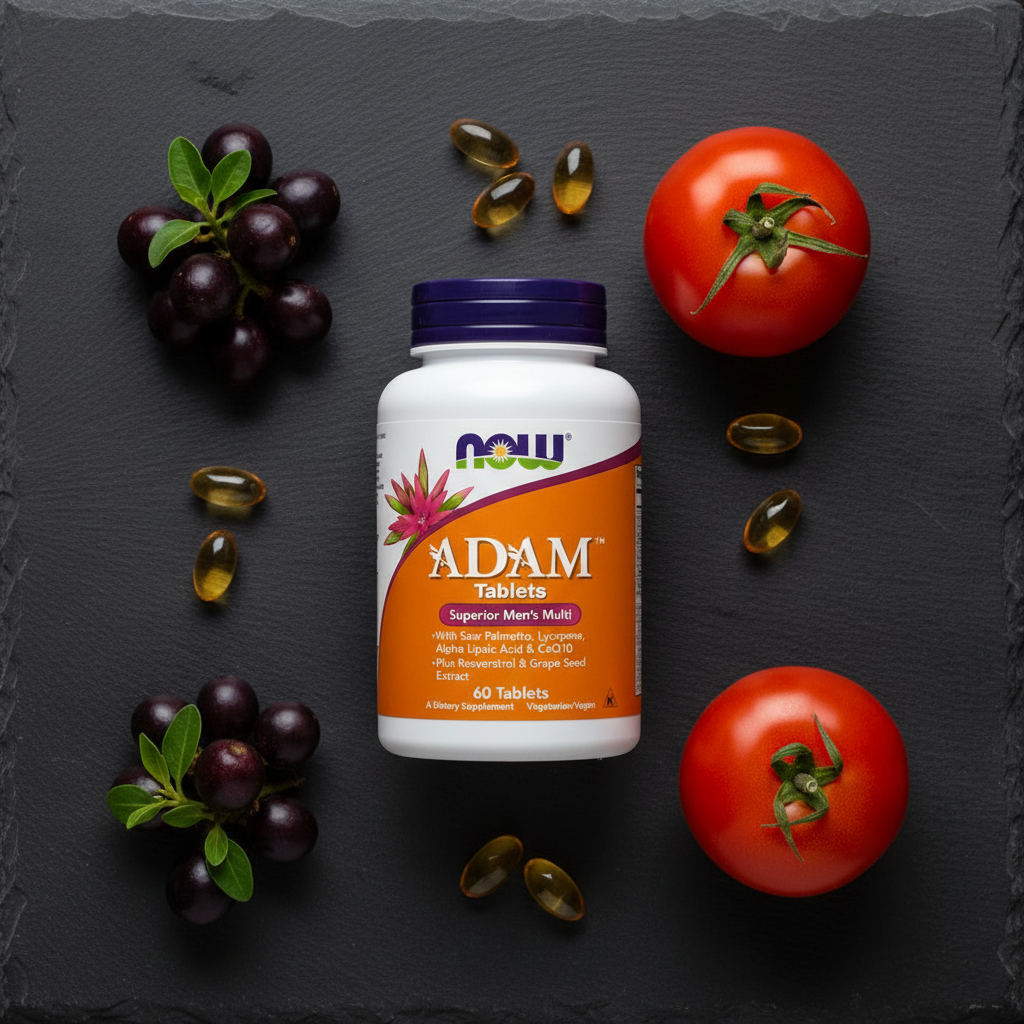 NOW ADAM Men's Multivitamin ingredients flat lay