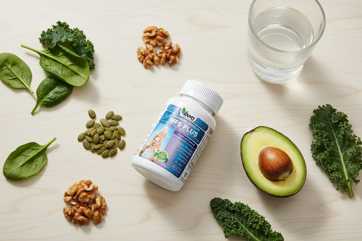 AMS MFS Plus lifestyle flat lay with fertility-boosting foods