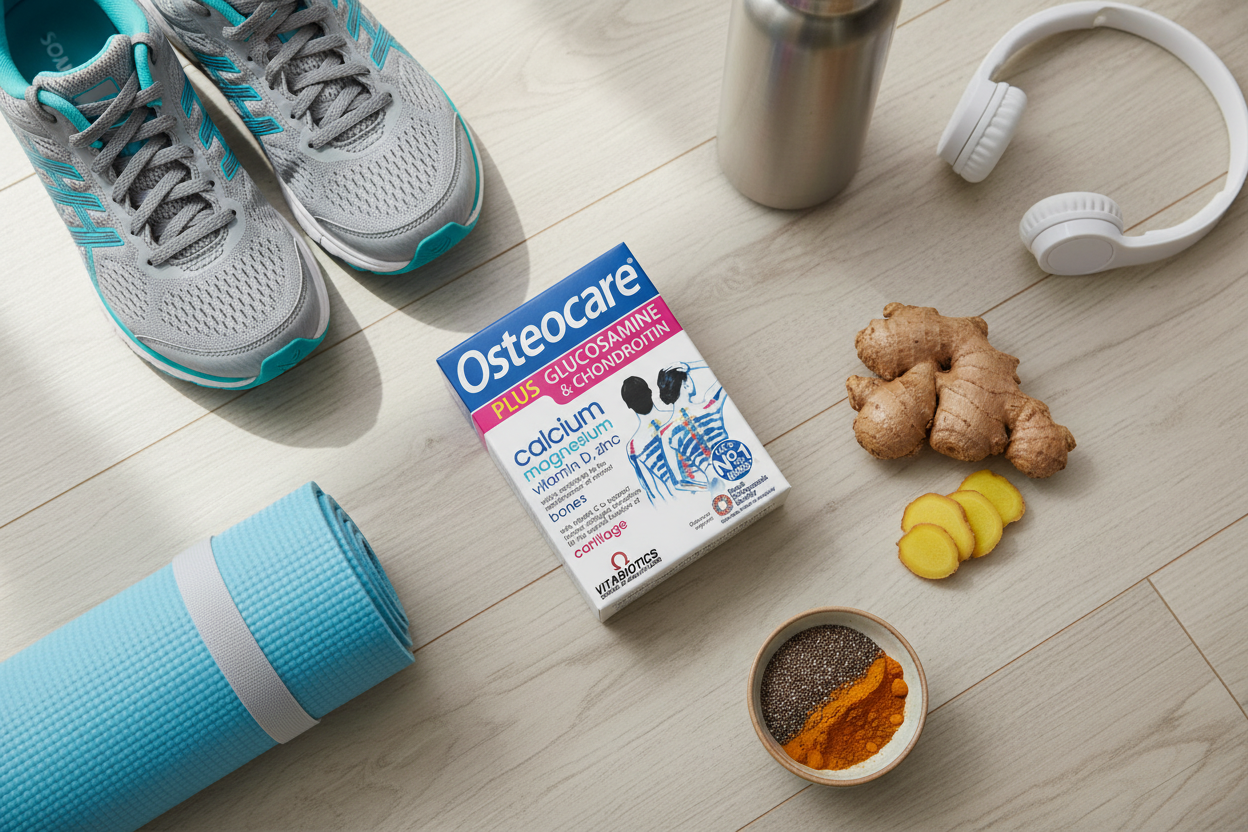 Osteocare joint health supplement lifestyle flat lay with active living props