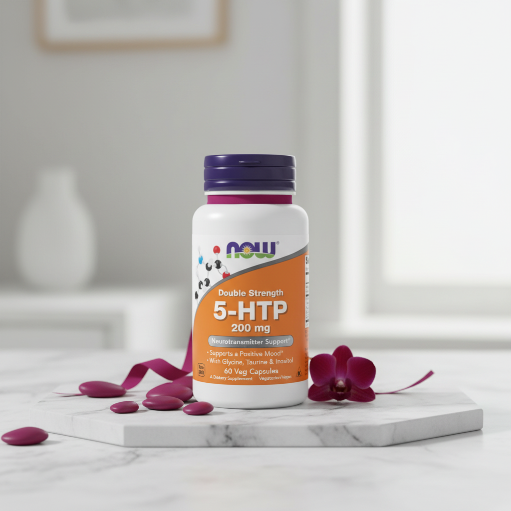 NOW 5-HTP 200mg bottle on white marble surface with magenta accents